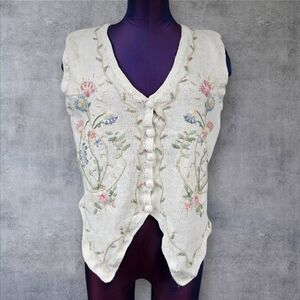 Vintage Margules Cottage Floral Knit Embroidered White Vest Size Small Women V28